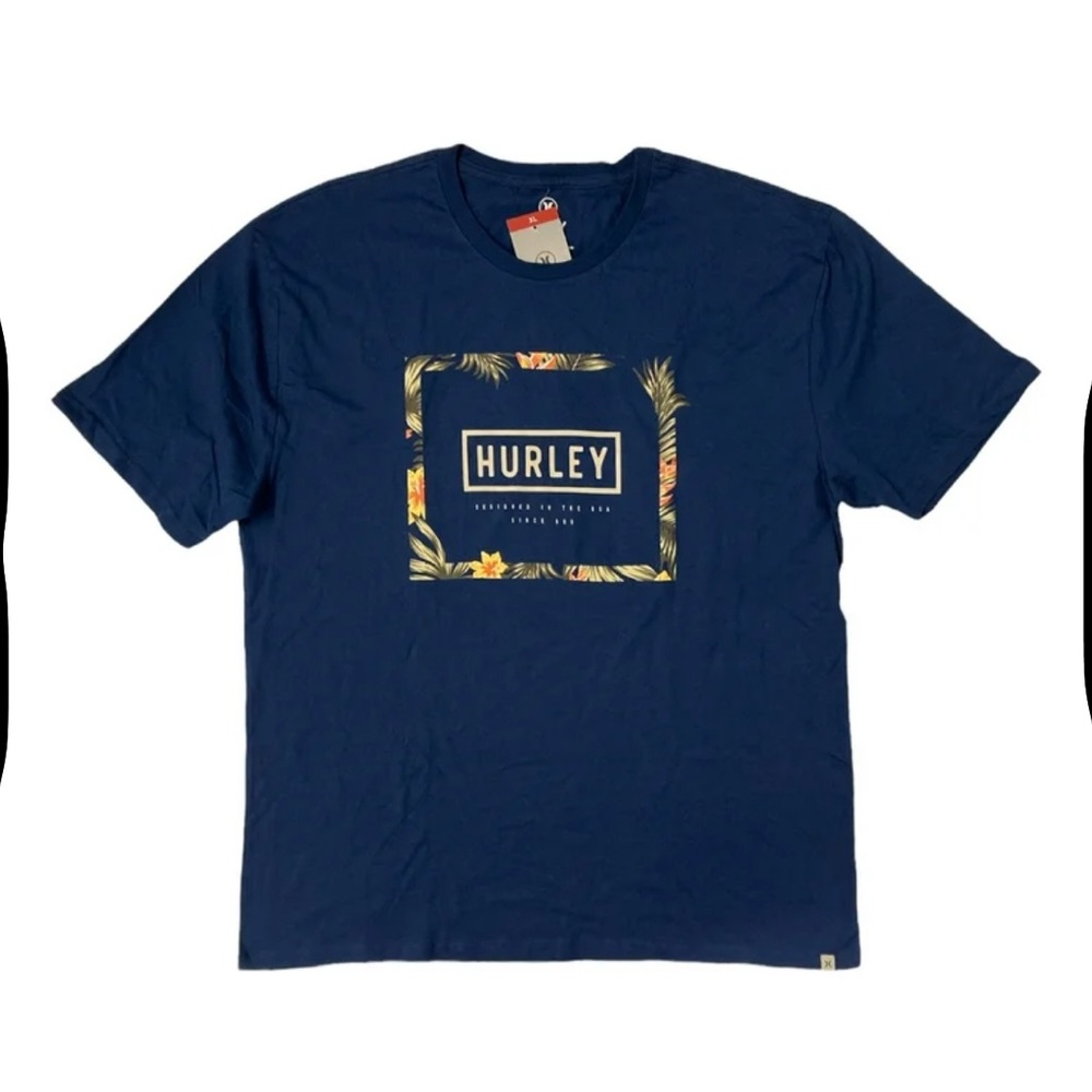 Hurley Men's Blue Tee with Tropical Graphic